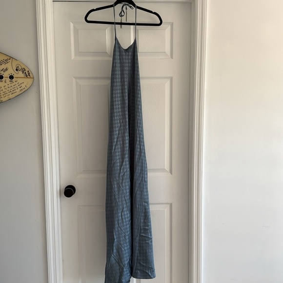HOUSE OF HARLOW Satin Halter Backless Slip Maxi Dress Blue Check Size L - Picture 4 of 8